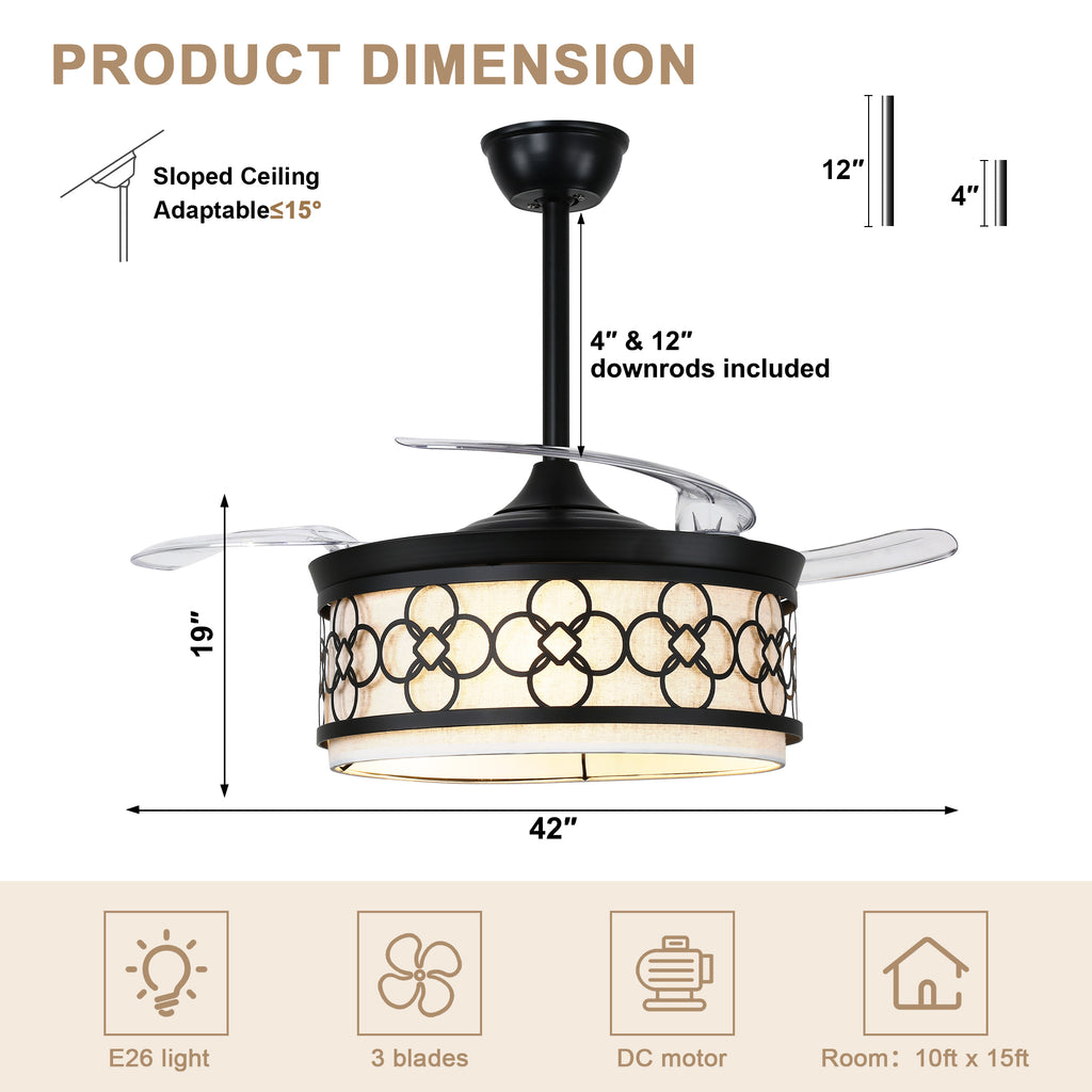 42 Inch Black Retractable Ceiling Fan with Lights and Remote, 6 Speeds DC Motor Farmhouse Black Bladeless Ceiling Fan for Bedroom