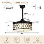 42 Inch Black Retractable Ceiling Fan with Lights and Remote, 6 Speeds DC Motor Farmhouse Black Bladeless Ceiling Fan for Bedroom