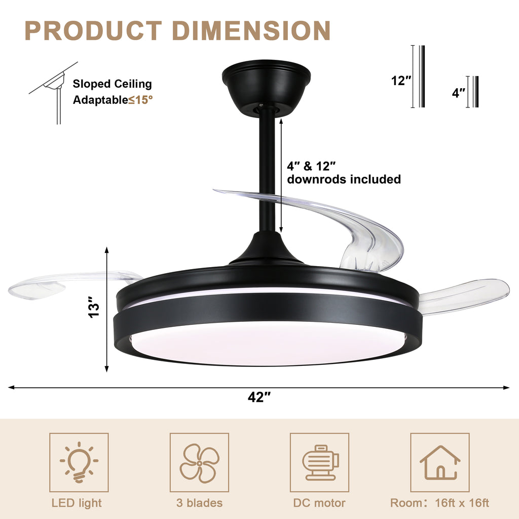 42 Inch Black/Gold/White Modern Retractable Ceiling Fan with LED Light and Remote, 6 Speeds DC Motor Bladeless Ceiling Fan for Bedroom