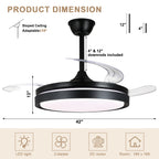 42 Inch Black/Gold/White Modern Retractable Ceiling Fan with LED Light and Remote, 6 Speeds DC Motor Bladeless Ceiling Fan for Bedroom