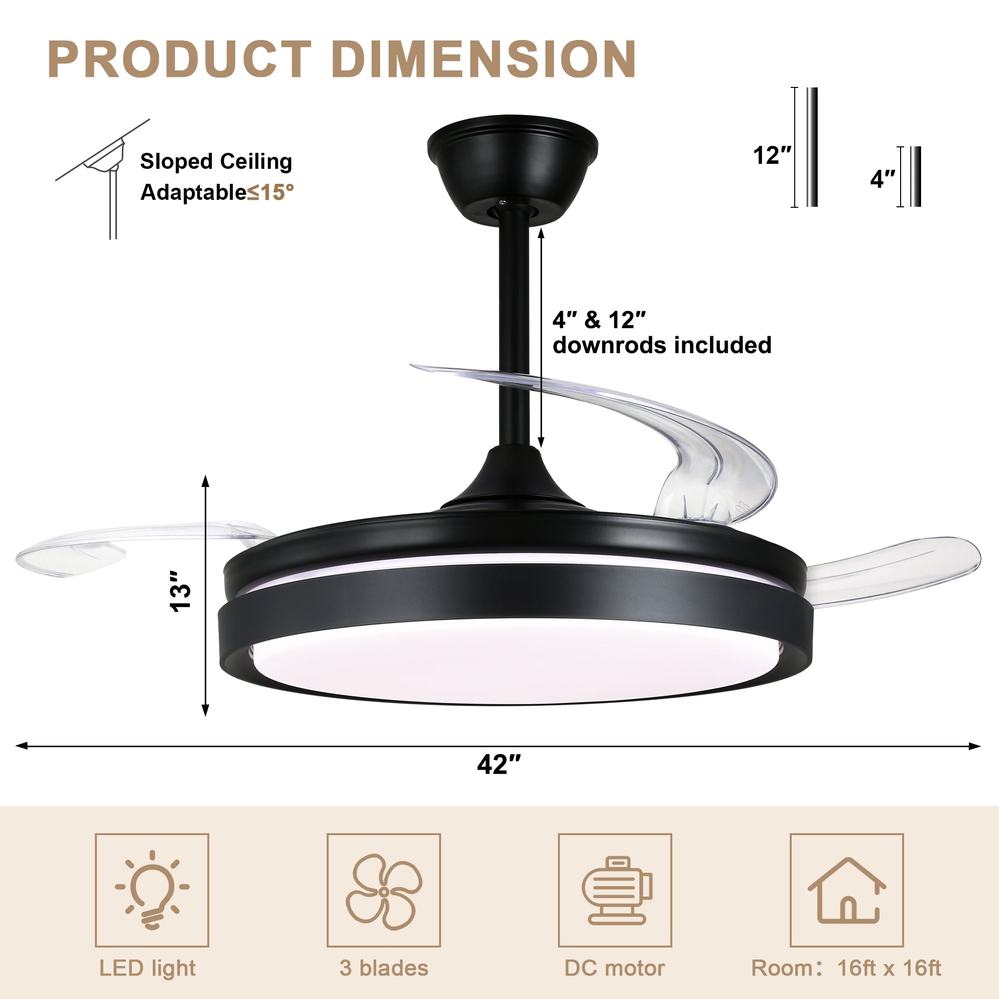 42 Inch Black/Gold/White Modern Retractable Ceiling Fan with LED Light and Remote, 6 Speeds DC Motor Bladeless Ceiling Fan for Bedroom