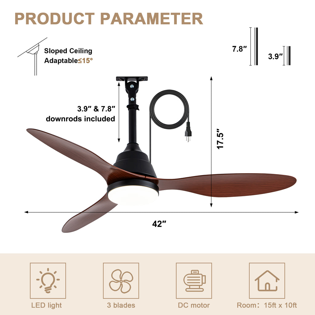 42 Inch Modern Farmhouse Smart Outdoor Ceiling Fan with Dimmable LED and Remote, 6-Speed 3-Blade Waterproof Ceiling Fans Plug In Outside Patio Fan