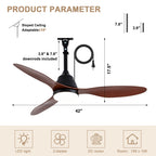 42 Inch Modern Farmhouse Smart Outdoor Ceiling Fan with Dimmable LED and Remote, 6-Speed 3-Blade Waterproof Ceiling Fans Plug In Outside Patio Fan