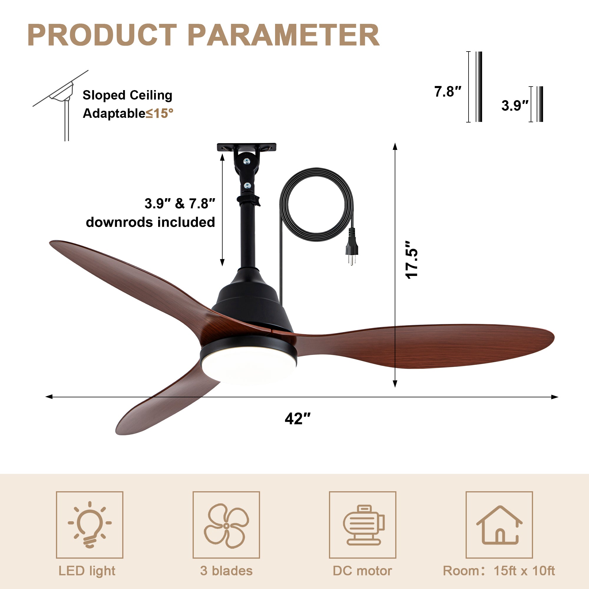 42 Inch Modern Farmhouse Smart Outdoor Ceiling Fan with Dimmable LED and Remote, 6-Speed 3-Blade Waterproof Ceiling Fans Plug In Outside Patio Fan
