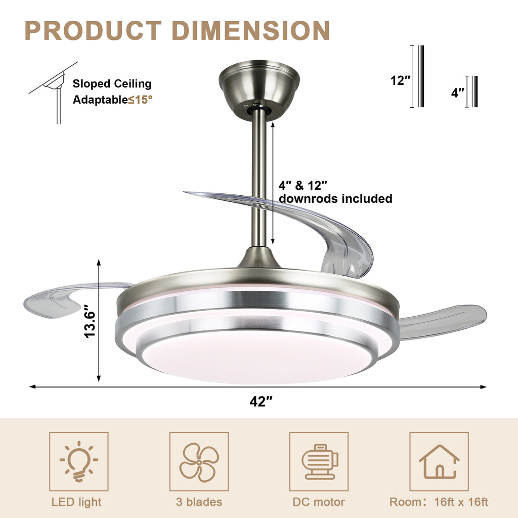 42 Inch Chrome Modern Retractable Ceiling Fan with Dimmable LED Light and Remote, 6 Speeds DC Motor Reversible Fandelier Ceiling Fan