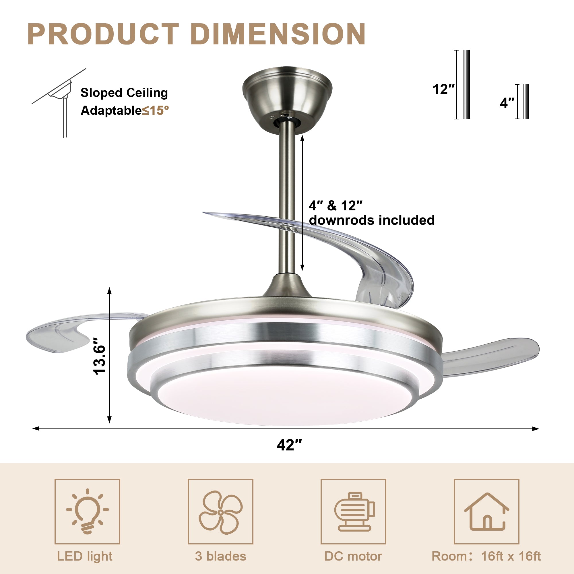 42 Inch Chrome Modern Retractable Ceiling Fan with Dimmable LED Light and Remote, 6 Speeds DC Motor Reversible Fandelier Ceiling Fan