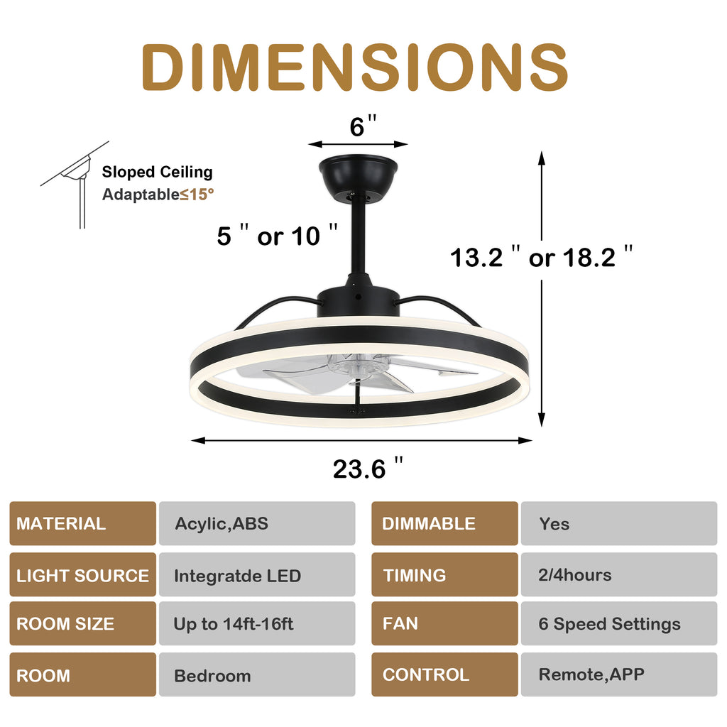 24 Inch Black/Gold/White/Coffee Modern Smart LED Ceiling Fan with Light and Remote, 6 Speeds DC Motor Fandelier Ceiling Fan