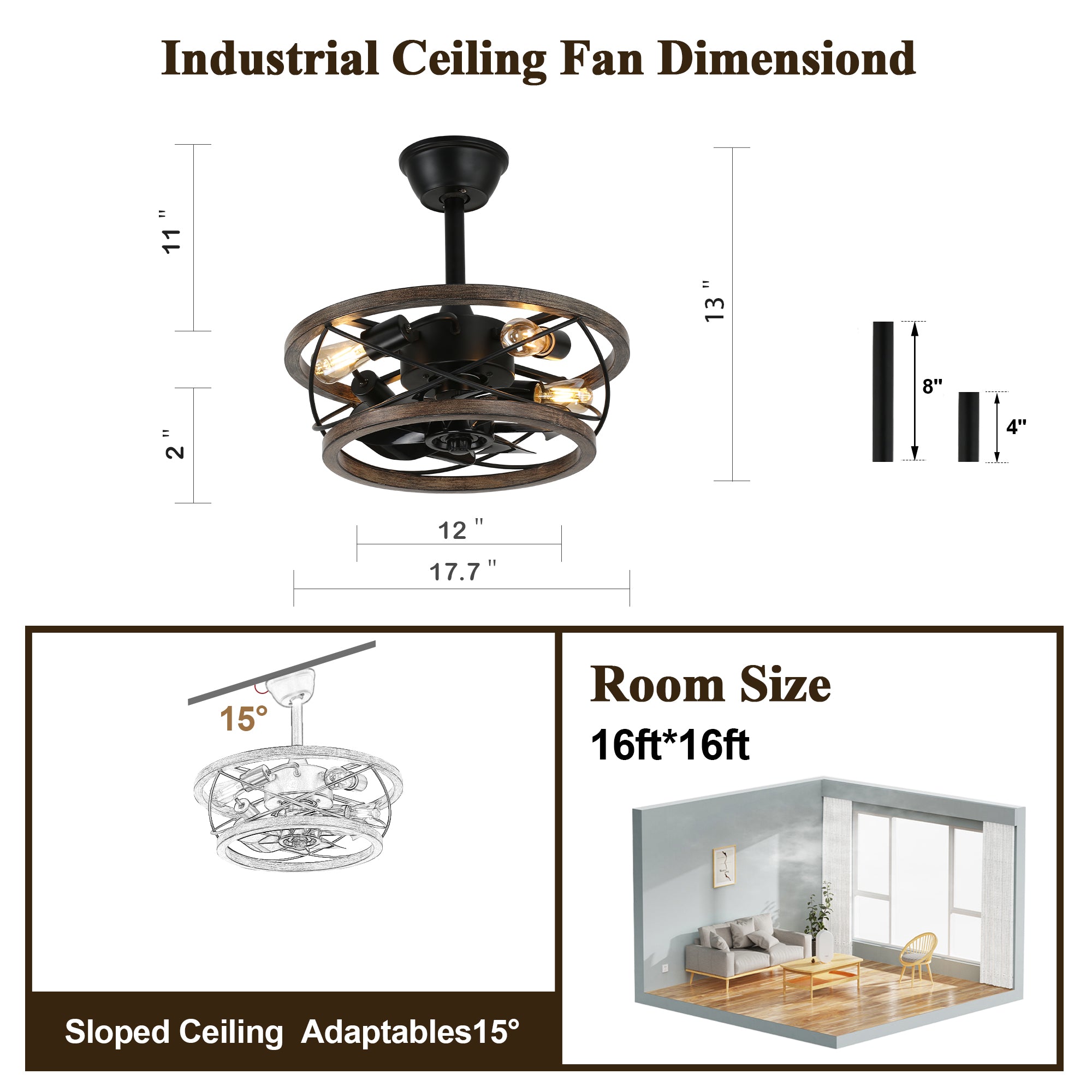 BD1815-BellaDepot 17.7" Industrial Metal Caged Reversible Ceiling Fan with Remote and 4 Lights