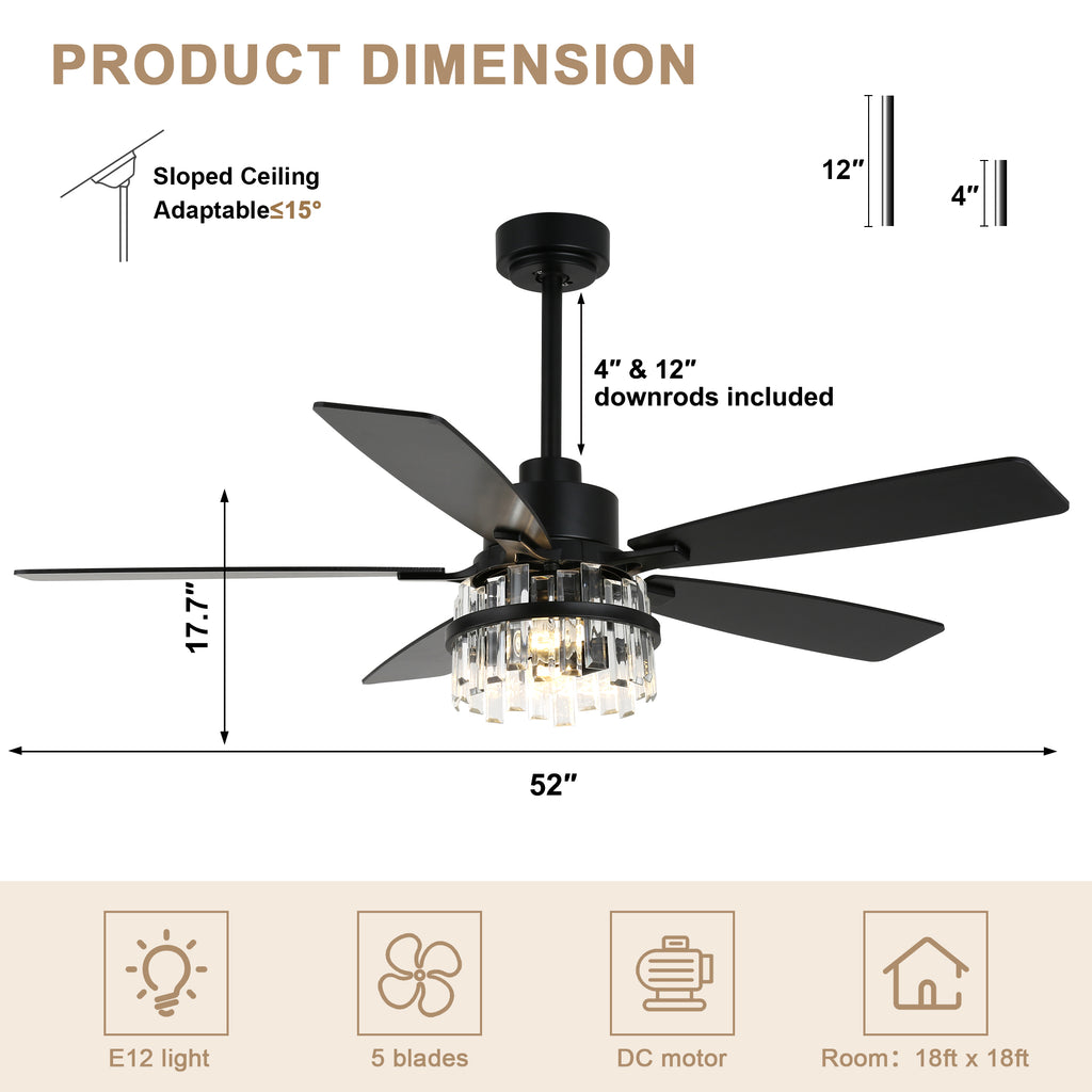 52 Inch Modern Glam Crystal Ceiling Fan with Light and Remote, 6-Speed Reversible DC Motor Large Ceiling Fan for Living Room