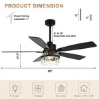 52 Inch Modern Glam Crystal Ceiling Fan with Light and Remote, 6-Speed Reversible DC Motor Large Ceiling Fan for Living Room