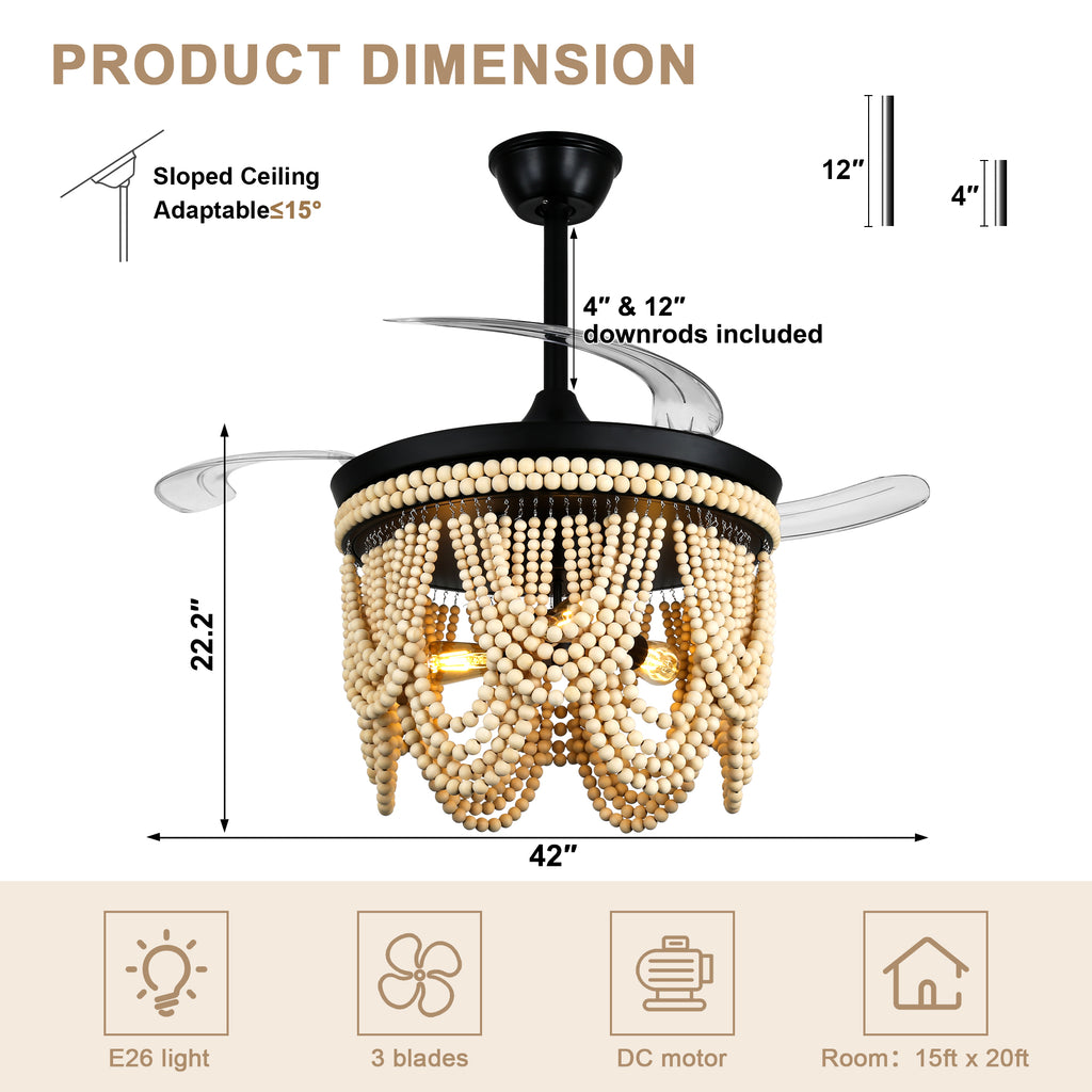 42 Inch Black/Gold/White Boho Retractable Ceiling Fan with Lights and Remote, 6 Speeds DC Motor Bladeless Ceiling Fan with Wood Beaded Shade