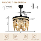42 Inch Black/Gold/White Boho Retractable Ceiling Fan with Lights and Remote, 6 Speeds DC Motor Bladeless Ceiling Fan with Wood Beaded Shade