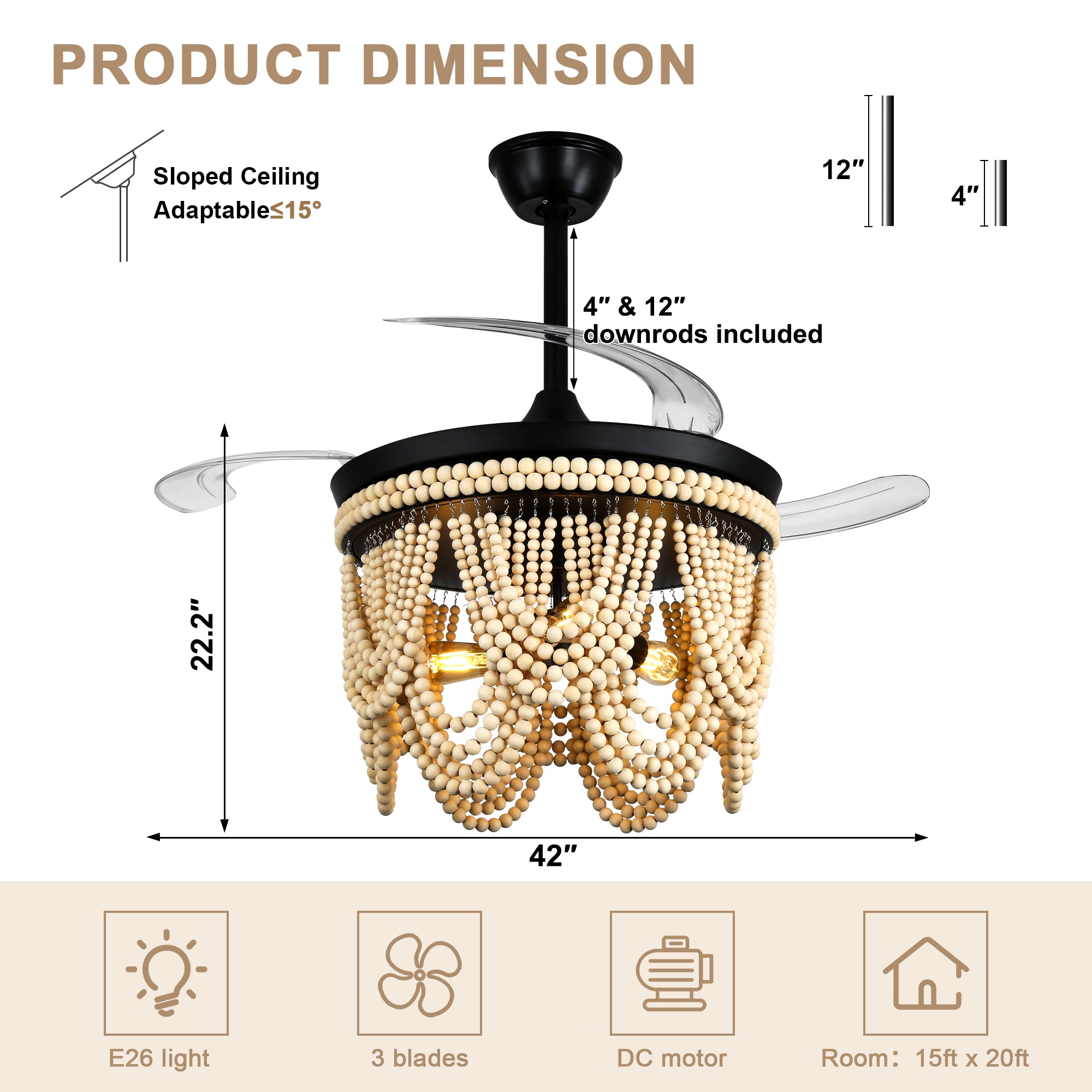 42 Inch Black/Gold/White Boho Retractable Ceiling Fan with Lights and Remote, 6 Speeds DC Motor Bladeless Ceiling Fan with Wood Beaded Shade