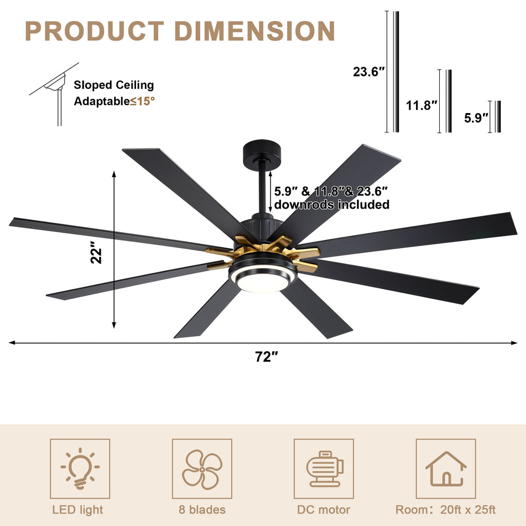 72 Inch Modern Ceiling Fan with LED Light and Remote Control, 6 Speeds DC Motor Reversible Large Ceiling Fan for Living Room