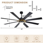 72 Inch Modern Ceiling Fan with LED Light and Remote Control, 6 Speeds DC Motor Reversible Large Ceiling Fan for Living Room