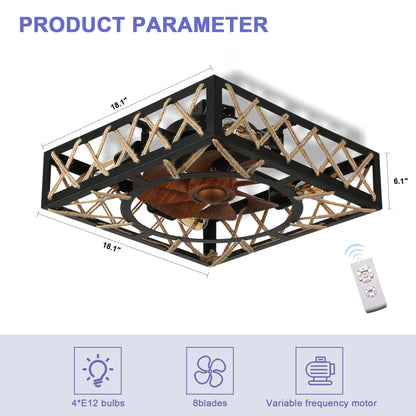 DC1817-Farmhouse Caged Reversible Ceiling Fan, Flush Mounted Ceiling Fan, with Remote and Lights, DC Motor, 6 Speeds