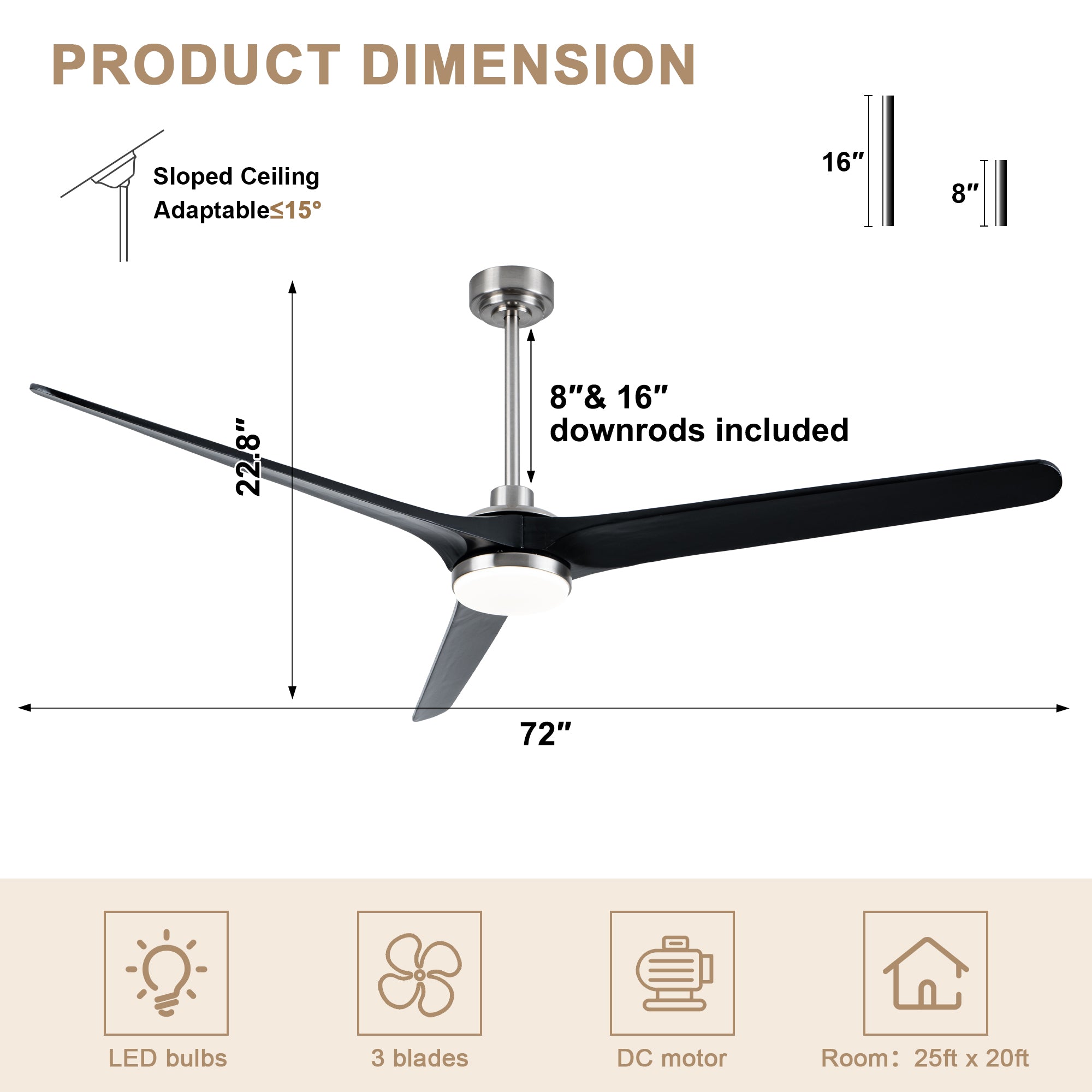 72 Inch Modern Farmhouse Extra Large Ceiling Fan with Dimmable LED Light and Remote, 6 Speeds DC Motor Reversible Ceiling Fan for Large Room