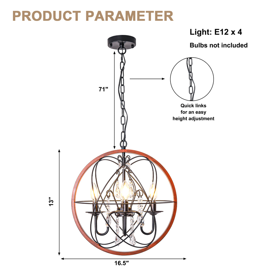 4-Light Crystal Sphere Chandelier, 16.5" Orb Globe Chandelier with Wood Grain Ring, Modern Crystal Chandeliers for Entryway