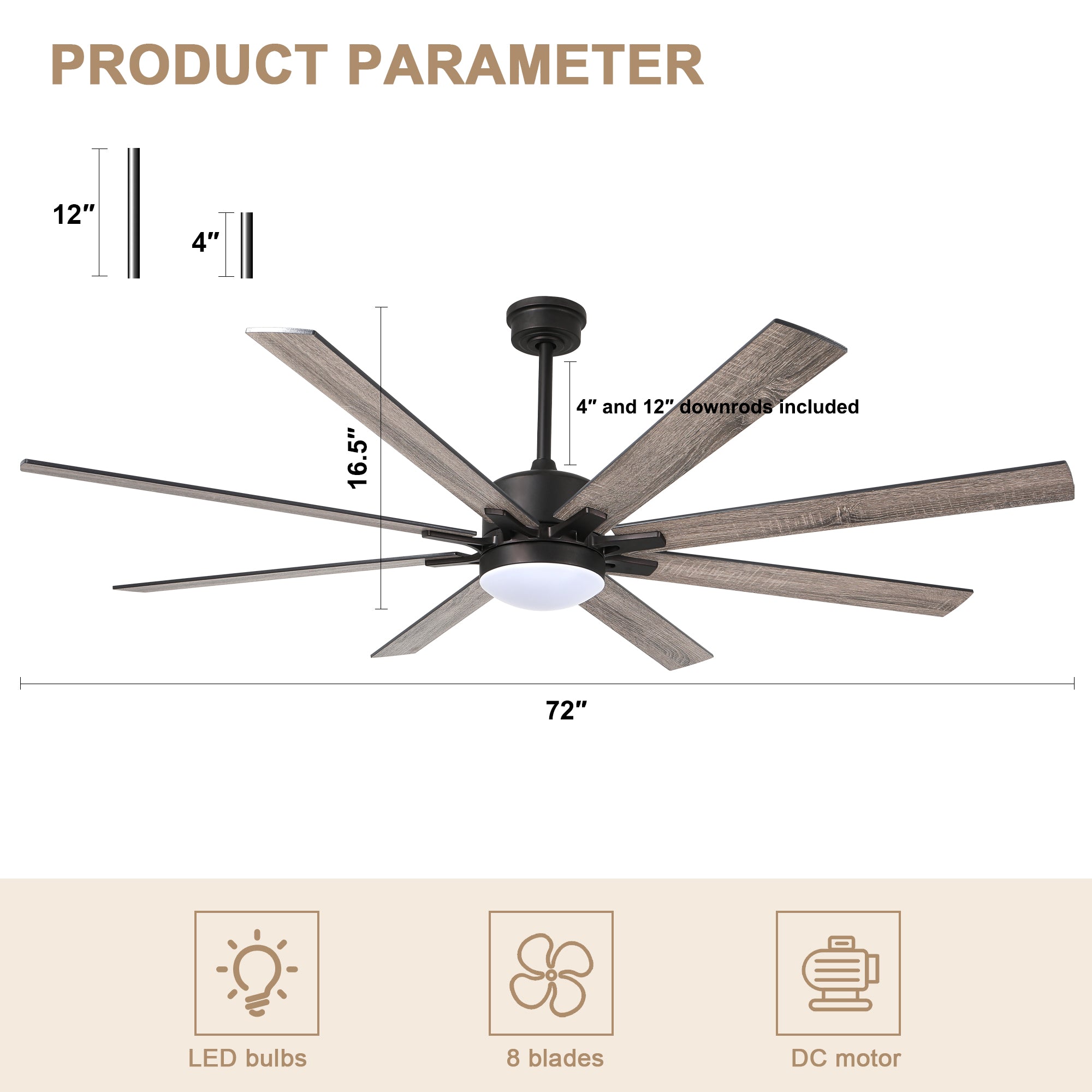 DC7207GED-BellaDepot 72" 8 Blades Simple Modern Reversible Ceiling Fan with Remote and LED Light Kit Included, 6-speed Dimmable Large Size Ceiling Fan