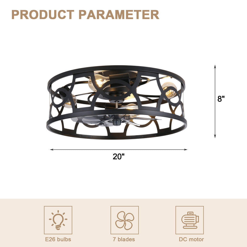 Industrial 20 Inch Caged Flush Mount Ceiling Fan with Light Quiet Reversible DC Motor with Remote Control Small Ceiling Fan Modern 7 Blades Ceiling Fan with Light Suit for Bedroom，Kitchen