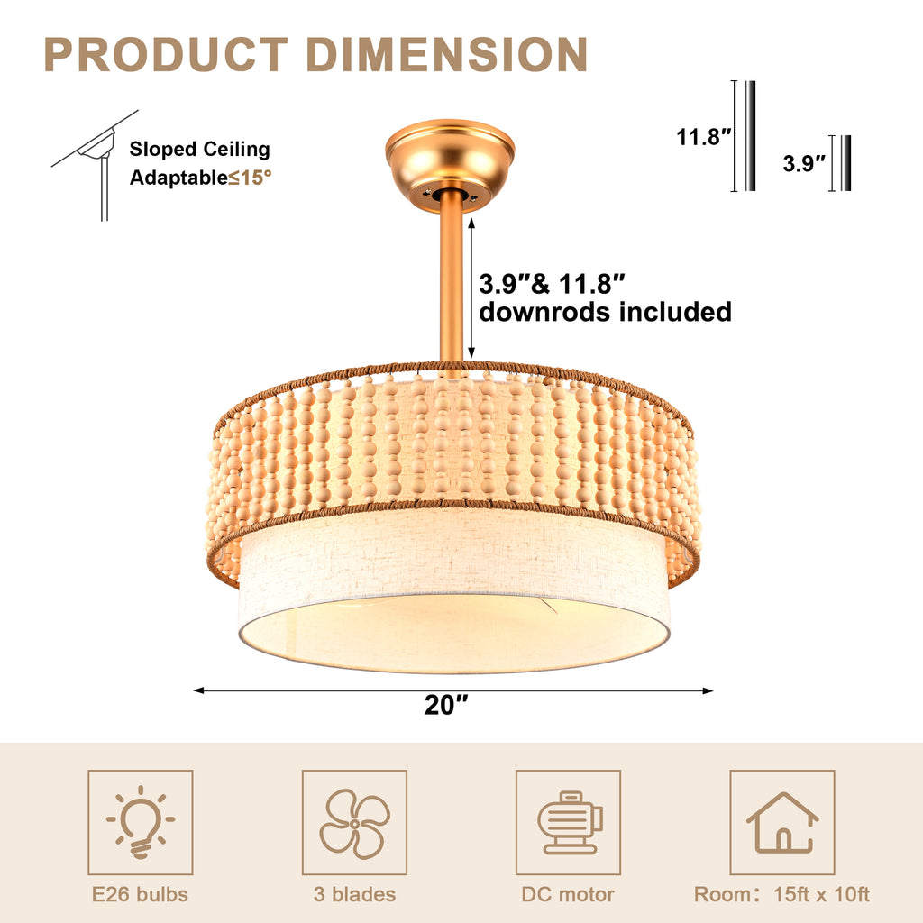 20 Inch Gold Bohemian Drum Ceiling Fan with Lights and Remote, 6 Speeds DC Motor Reversible Bladeless Fandelier Ceiling Fan with Wood Beaded Shade