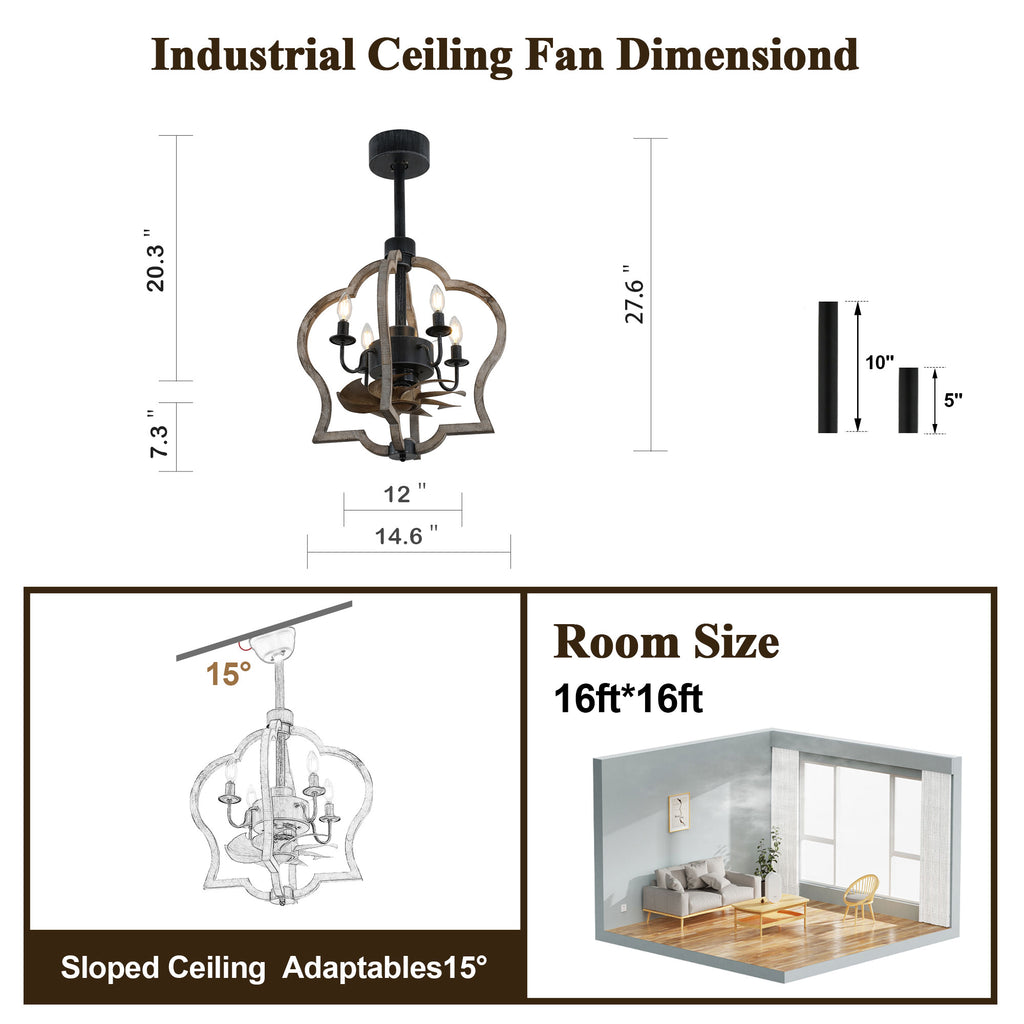 15 Inch Farmhouse Wood Caged Ceiling Fan with Lights and Remote Control, 3-Speed Reversible Bladeless Ceiling Fan for Bedroom