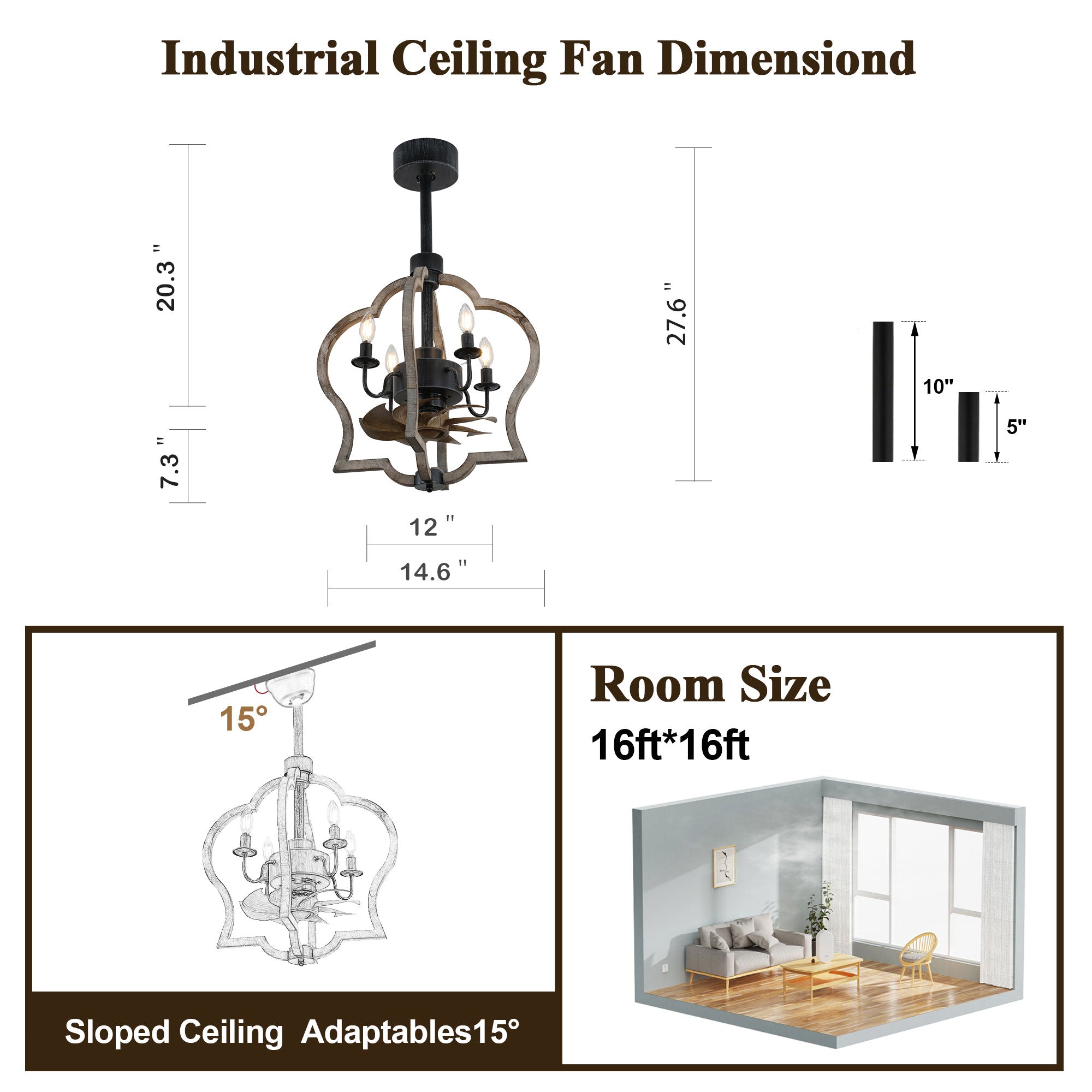 BD1501-BellaDepot 14.6" Farmhouse Distressed Wood Caged Reversible Ceiling Fan with Remote and 4 Lights