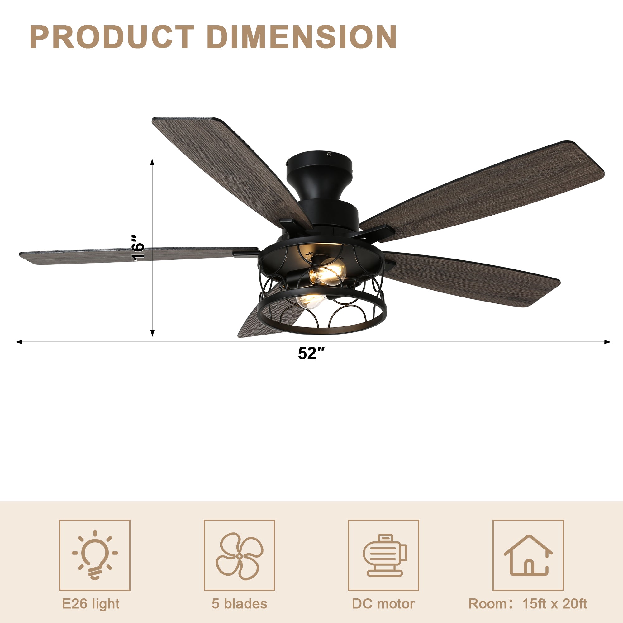 52 Inch Black Farmhouse Industrial Flush Mount Ceiling Fan with Lights and Remote, 6 Speeds DC Motor Reversible Low Profile Ceiling Fan