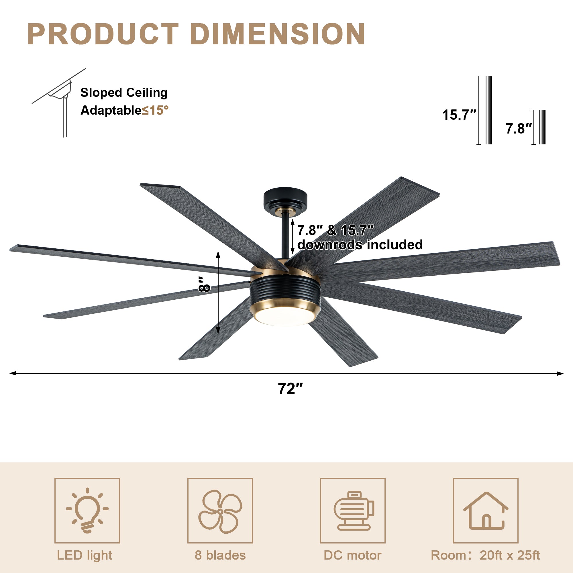 72 Inches Extra Large Ceiling Fan with Dimmable LED Light and Remote, 6 Speeds DC Motor Black Ceiling Fan 8-Blade Reversible Ceiling Fan for Large Room