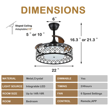 DC2204-22" Classic Retractable LED Dimmable Ceiling Fan with Remote and Light Kit Included DC Motor 6 Speeds