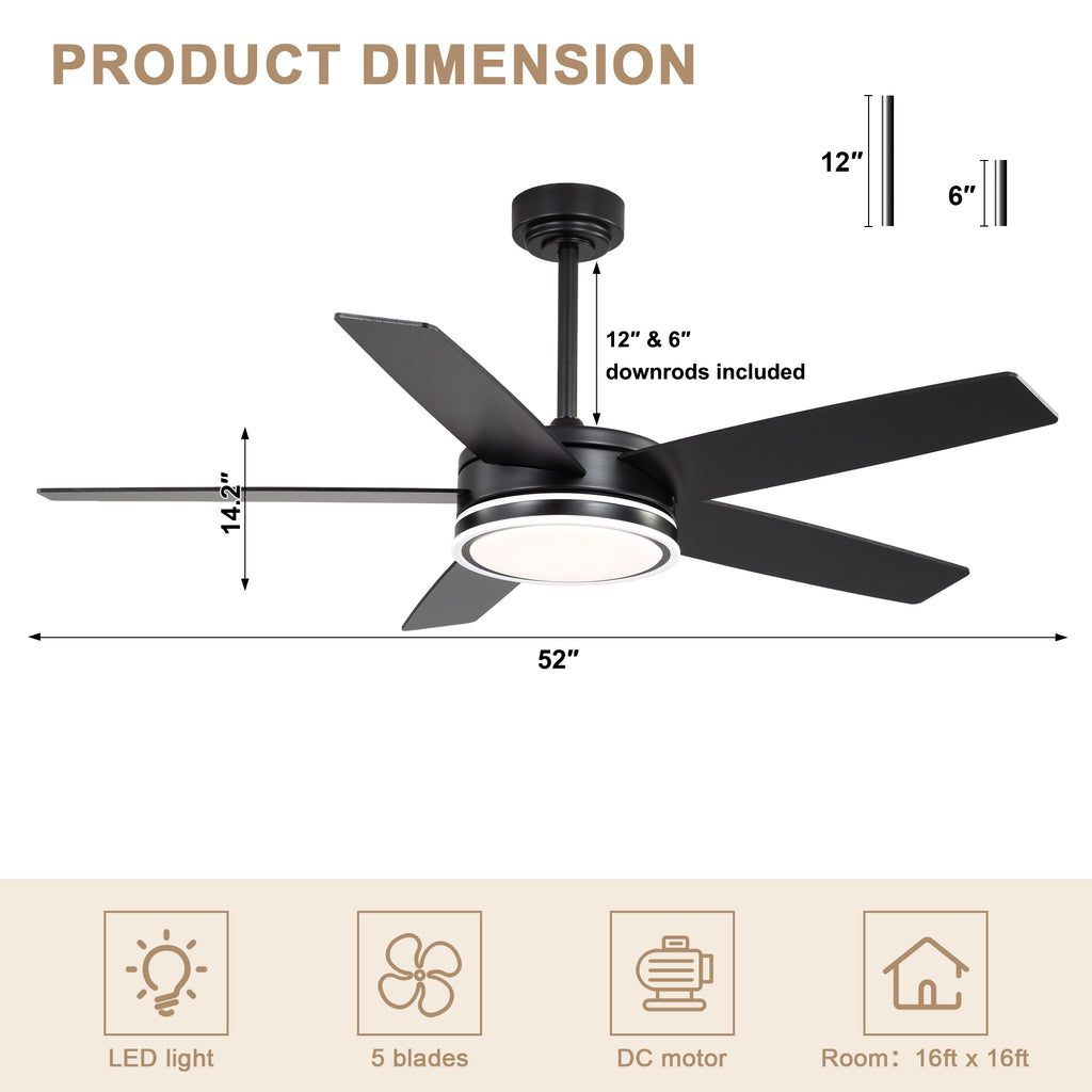 52 Inch Modern Black/Chrome Ceiling Fan with Dimmable LED Lights and Remote Control, 6 Speeds DC Motor Reversible Ceiling Fan for Large Room