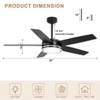 52 Inch Modern Black/Chrome Ceiling Fan with Dimmable LED Lights and Remote Control, 6 Speeds DC Motor Reversible Ceiling Fan for Large Room