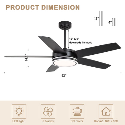 BellaDepot 52" Modern Contemporary Black or Chrome LED Ceiling Fan with Remote Control and Lights, Reversible 6 Speeds Ceiling Fan for All Seasons - DC5225-B/C