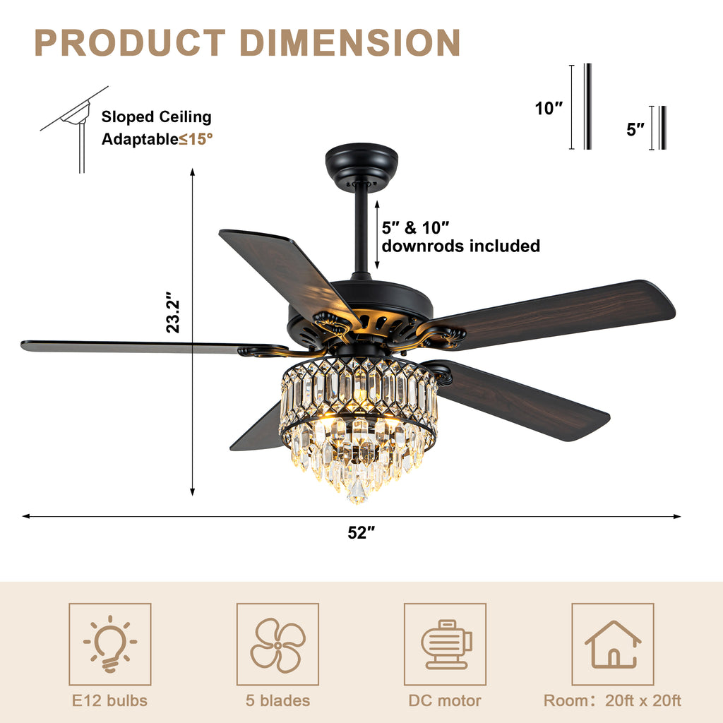 52 Inch Modern Luxury Crystal Ceiling Fan with Light and Remote Control, 6 Speeds DC Motor Chandelier Ceiling Fan for Living Room