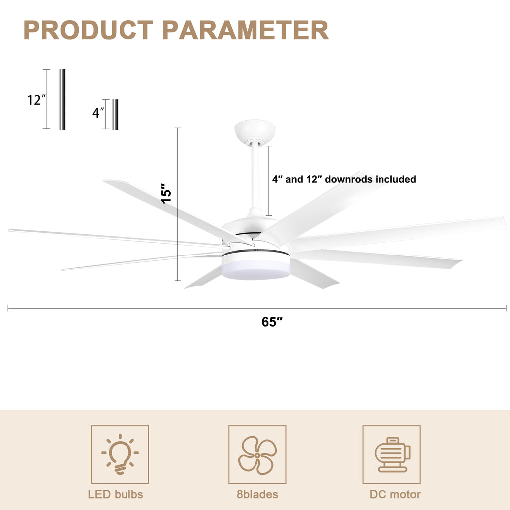65 Inch Modern White Extra Large Ceiling Fan with LED Light and Remote, 6 Speeds DC Motor Reversible Ceiling Fan for Large Rooms