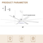 65 Inch Modern White Extra Large Ceiling Fan with LED Light and Remote, 6 Speeds DC Motor Reversible Ceiling Fan for Large Rooms