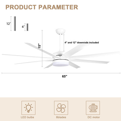 DC6505GED-65" 8 Blades Simple Modern Reversible Ceiling Fan with Remote and LED Light Kit Included, 6-speed Dimmable Ceiling Fan