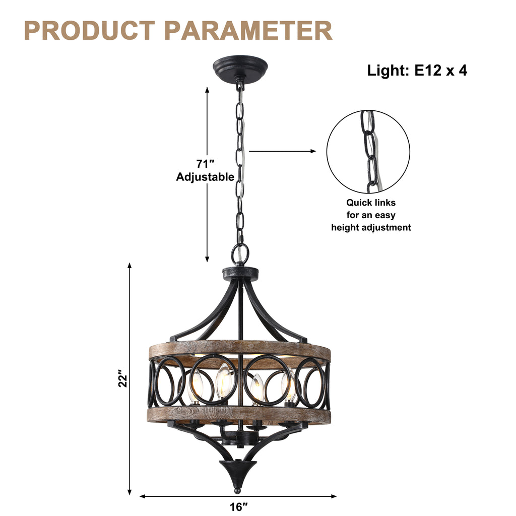 4 - Light Farmhouse Sol Wood Chandelier, 16" Rustic Geometric Chandelier Wood Cage Lantern Pendant Lights