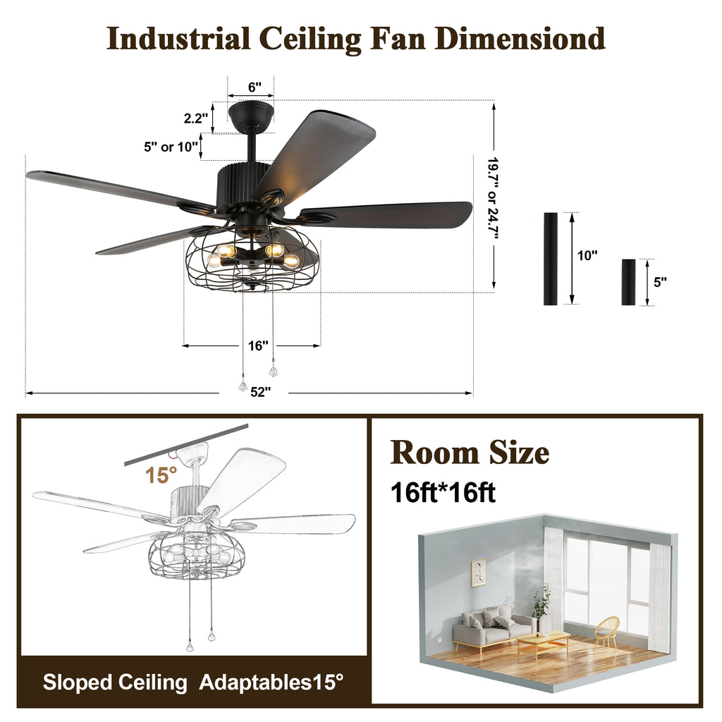 52 Inch Black Industrial Caged Ceiling Fan with Lights and Remote, 3-Speed Reversible Ceiling Fan for Large Room