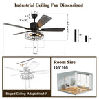 52 Inch Black Industrial Caged Ceiling Fan with Lights and Remote, 3-Speed Reversible Ceiling Fan for Large Room