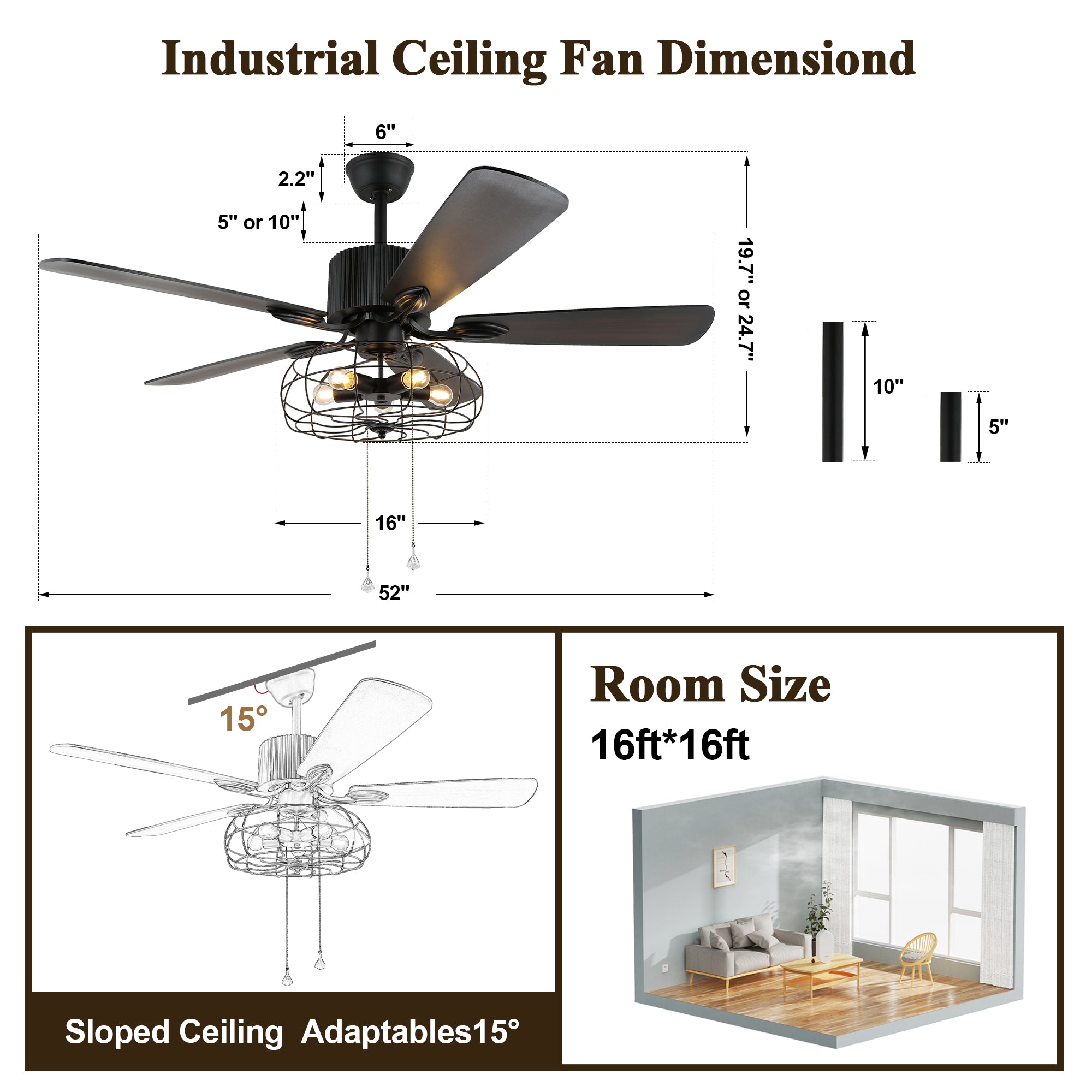 52 Inch Black Industrial Caged Ceiling Fan with Lights and Remote, 3-Speed Reversible Ceiling Fan for Large Room