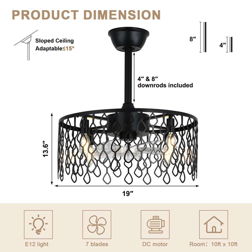 19 Inch Modern Black Drum Caged Ceiling Fan with Lights and Remote, 6 Speeds DC Motor Reversible Bladeless Fandelier Ceiling Fan