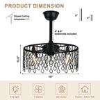 19 Inch Modern Black Drum Caged Ceiling Fan with Lights and Remote, 6 Speeds DC Motor Reversible Bladeless Fandelier Ceiling Fan