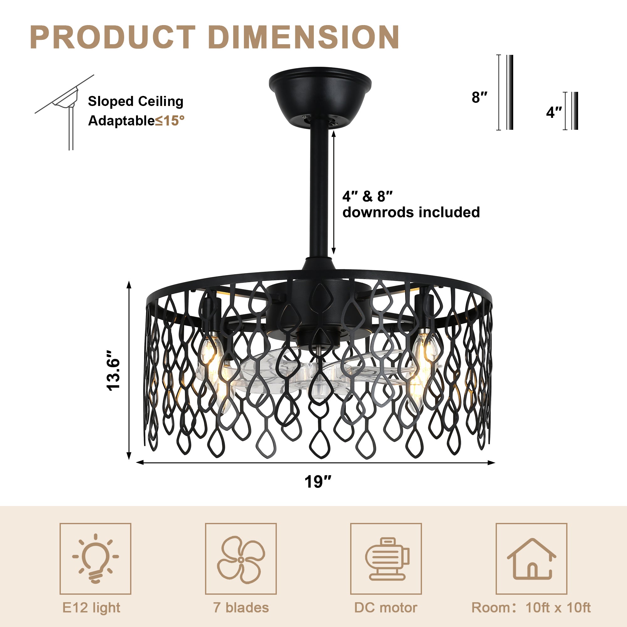 19 Inch Modern Black Drum Caged Ceiling Fan with Lights and Remote, 6 Speeds DC Motor Reversible Bladeless Fandelier Ceiling Fan