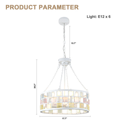 BD4084-W-18" Modern Colorful Accents White Metal Caged Chandelier, Pendant Light, with Adjustable Chain and 6 Lights