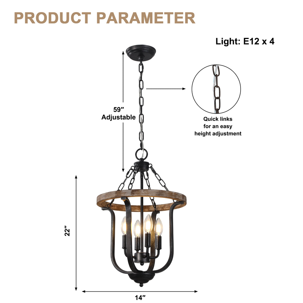 4 - Light Farmhouse Solid Wood Chandelier, 14" Geometric Rustic Hanging Chandelier with Adjustable Chain, Foyer Wood Light Fixture