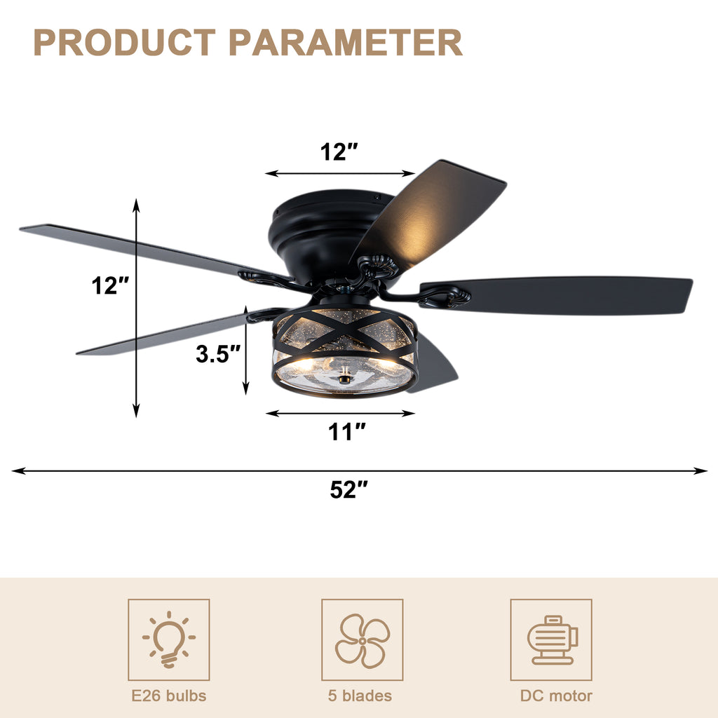 Farmhouse 52 Inch Caged  Flush Mount Ceiling Fan with Light Quiet Reversible DC Motor with 5 Fan Blades Ceiling Fan with Light Remote Control Adjustable 6 Speed Ceiling Fan with Light Suit for Bedrooms, Living Rooms, Kitchens