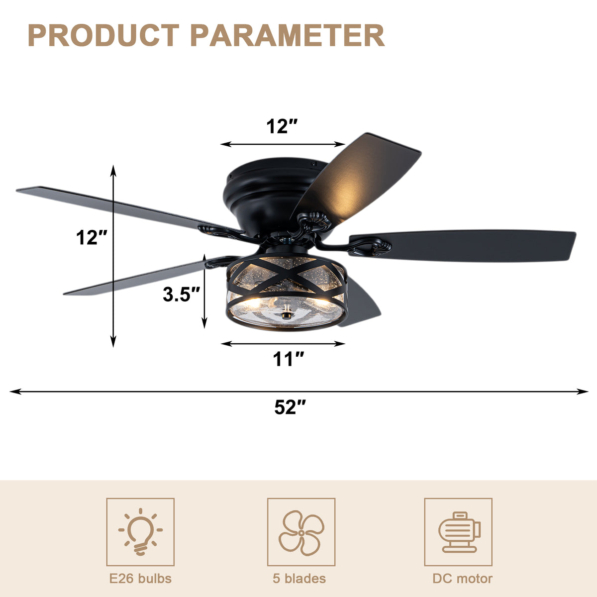 Farmhouse 52 Inch Caged  Flush Mount Ceiling Fan with Light Quiet Reversible DC Motor with 5 Fan Blades Ceiling Fan with Light Remote Control Adjustable 6 Speed Ceiling Fan with Light Suit for Bedrooms, Living Rooms, Kitchens