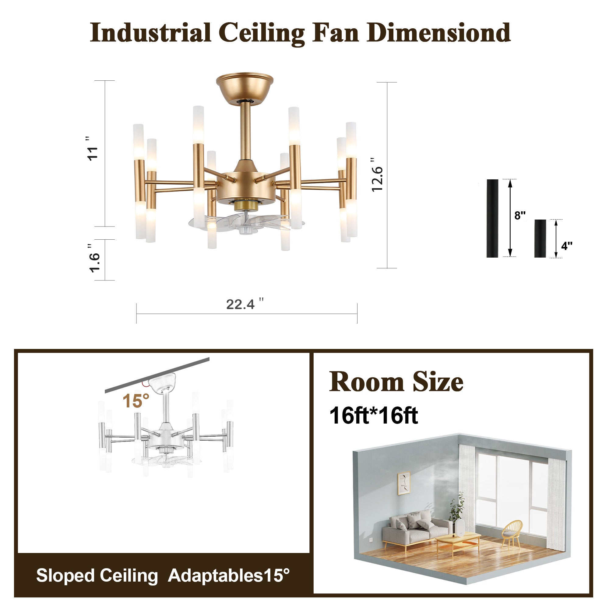 23 Inch Gold Modern Bladeless Ceiling Fan with Dimmable Lights and Remote Control, 6 Speeds DC Motor Fandelier Ceiling Fan for Bedroom