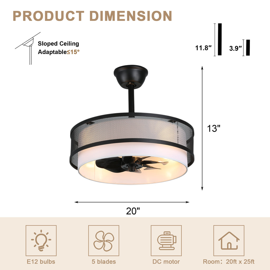 Modern Industrial 20 Inch Fabric with Metal Ceiling Fan with Light Adjustable Down Rods Reversible DC Motor 6 Speed Remote Control Ceiling Fan Timmer Quiet Ceiling Fan with Light Suit for Bedroom, Study, Kitchen